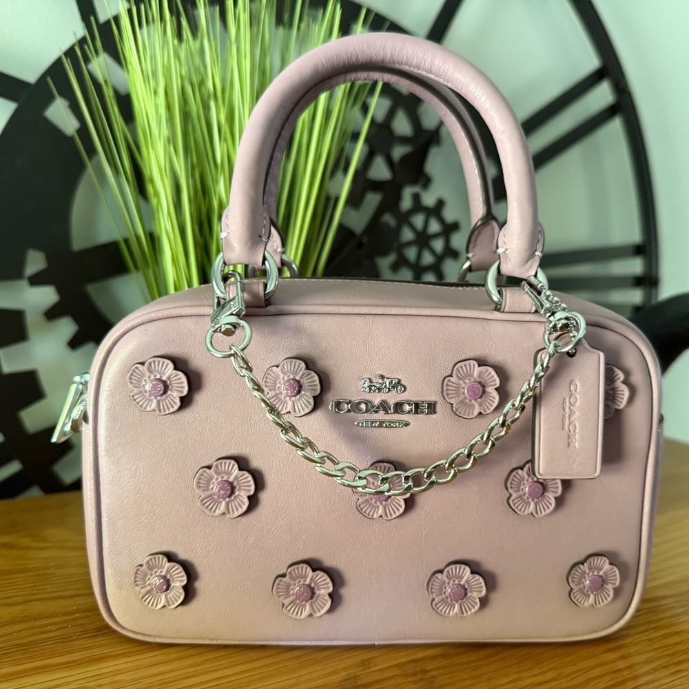 Coach Satchel Crossbody Bag With Floral Applique in Lilac w/silver accents.